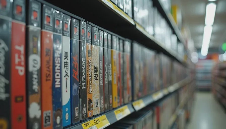 PS2 game shelf in Iowa thrift store with worn cases