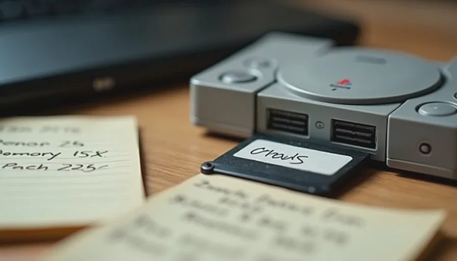 old memory card and handwritten index cards of game notes