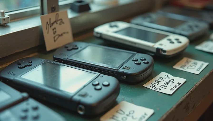 worn portable consoles in river town pawn shop